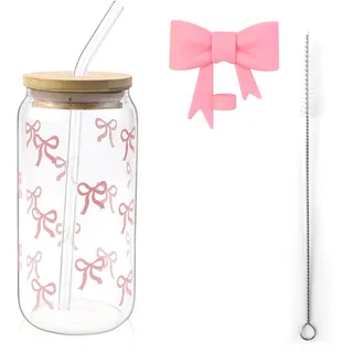 YNOYMO Trinkgläser mit Deckel und Strohhalm Glass Tumbler 500ml Bubble Tea Becher Eiskaffee Gläser Bow Glasbecher Eleganter Trinkbecher für Iced Coffee Smoothie Matcha Cocktail