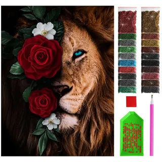 ARTULIO Diamond Painting Erwachsene 30x40 cm – Wilde Tiere – Löwe mit roten Rosen