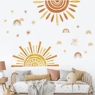 wondever Wandtattoo Regenbogen Sonne Wandsticker Boho Sterne | Abziehen und Aufkleben, Abziehbar, Wandaufkleber Selbstklebend für Kinderzimmer Babyzimmer Schlafzimmer Wanddeko