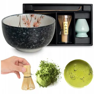 WestCraft Teeservice Matcha Set 4 tlg. Original japanische Matcha Schale mit Besen & Löffel (4-tlg), handgefertigt für eine authentische japanische Matcha & Tee-Zeremonie beige|grau