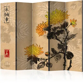 murando - Paravent Raumteiler japanische Blumen, 225x172 cm, 5-teilig, Büro | Mobiler Sichtschutz, sofort einsatzbereit, Holzrahmen, ideal fürs Wohnzimmer oder Büro, geruchsneutral, lichtbeständig