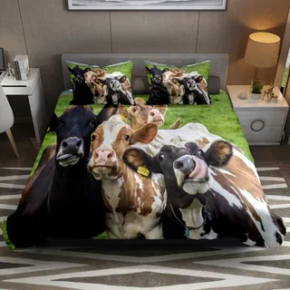 Bettwäsche-Set für Einzelbett, 3-teilig, drei niedliche Kuh-Bettwäsche mit Kissenbezügen, Raumdekoration für Jungen, Mädchen, Teenager, Erwachsene