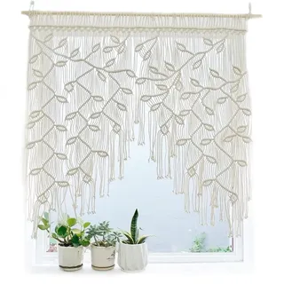 Wedhapy Makramee Schiebegardinen Boho Gewebte Blätter Kurz Landhausstil Bistrogardinen Wandbehang Makramee Türvorhang Kurzgardine Makramee Volant für Balkontür
