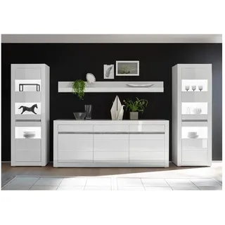 Lomadox Wohnwand COGO-61, (4-St), mit Vitrinen inkl. LED und Sideboard in weiß Hochglanz 369x198x42cm weiß
