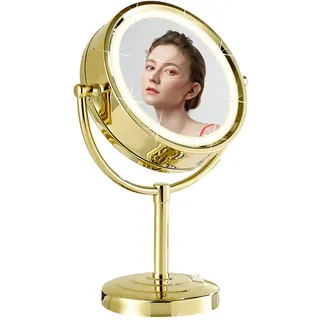 DOWRY Kosmetikspiegel mit Beleuchtung,Schminkspiegel Stehend,Tischspiegel Gold,Vergrößerungsspiegel mit Licht 7 Fach,Doppelseitige Spiegel,Ø21.5 cm