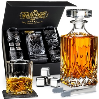 Whisiskey - Whiskey Karaffe - Classic - Dekanter - Whisky Karaffe Set - 800 ml - Geschenke für Männer - Inkl. 4 Whisky Gläser, 4 Whisky Steine, Untersetzer und Tülle