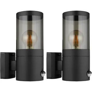 GLOBO 2er Set Wandleuchte, Bewegungsmelder IP44, Edelstahl, schwarz rauch, 1x E27, HxBxÜ 24,5x10,2x17cm,