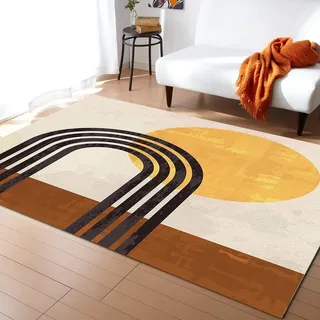 AAFUOO Mid-Century Modern Teppich für Wohnzimmer, 120 x 120 cm, Schwarze Linie, Bogengeometrie, braun, gelb, beige, Sonne, Boho-Teppich, rutschfeste waschbarer Teppich für Schlafzimmer