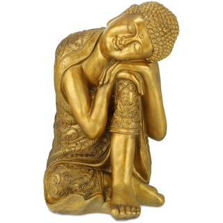 Relaxdays Buddha Figur Garten, wetterfest & frostsicher, XL Gartenbuddha ruhend, Gartenfigur, HBT: 61 x 40 x 37 cm, Gold