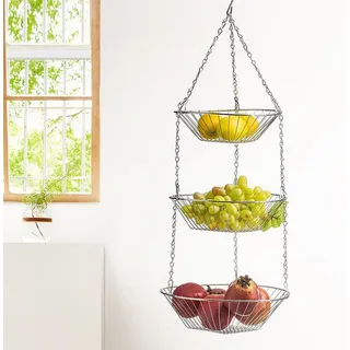 Obstkorb Hängend, Obstkorb 3 Stöckig Mit Haken Und Blumenampel Halterung, Metall Eisen Hängekorb Küche Für Obst, Brot, Gemüse Und Lebensmittel