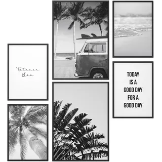 Papierschmiede® Mood Poster Set Beach Schwarz-Weiß, Gerahmte Bilder (Rahmen: Material und Farbe wählbar), Wohnzimmer Deko Schlafzimmer, 2x DIN A4 und 4x DIN A5, Strand Palmen Urlaub