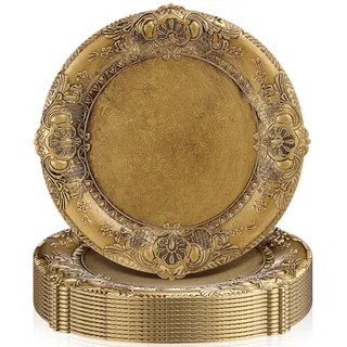 Mifoci Platzteller, antikes Gold, 12 Stück, Kunststoff, goldfarben, für Speiseteller, dekorativ, 33 cm, runder Teller mit geprägtem Rand, für Abendessen, Party, Hochzeit (klassisch)