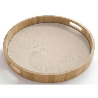OnlyWow Tablett Rund mit Henkel Japandi - Beige - Modern, Eichenholz, (1-tlg), Servierbrett Groß, Tischdeko, Platte, Tisch Deko beige 50 cm x 50 cm x 5 cm