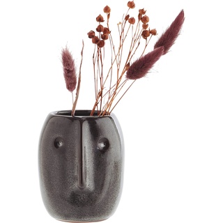 Madam Stoltz kleine Vase mit Gesicht-Prägung Steingut Skandi, Dunkelbraun, Grau, Höhe: 10 cm, Durchmesser: 8 cm, HY15321-10Y