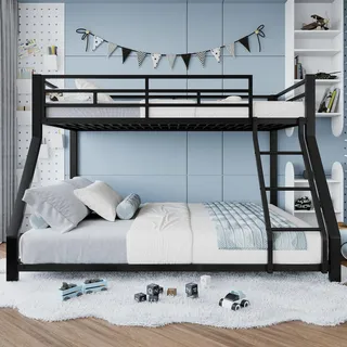 FAVSH Etagenbett 90x200/140x200 cm, Metall Stockbett mit Geländer und Stufen, Doppelstockbett für Erwachsene, stabiles Bettgestell, Schwarz, ohne Matratzen