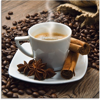 Glasbild ARTLAND "Kaffeetasse Leinensack mit Kaffeebohnen" Bilder Gr. B/H: 20 cm x 20 cm, braun Bilder in verschiedenen Größen