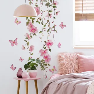 Lntyq Wandtattoo Mit Rosa Blumenranken, Wasserfest, Selbstklebend, Schmetterlings- Und Blumenmotiv Für Wohn- Und Schlafzimmer