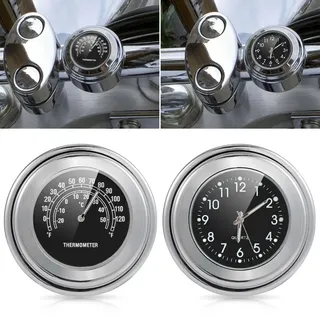Baceyong Motorrad-Lenkeruhr & Thermometer, wasserdichte Motorraduhren Fahrrad Uhr Für Lenker, Motorrad Uhr Fahrradzubehör Lenkerhalterung Watch, Durchmesser 22-25Mm Motorraduhr, Schwarz, 2 Stück