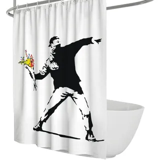Banksy Mann wirft Blumenstrauß abstraktes Kunstwerk Stoff Duschvorhänge Street Art Maschine waschbar wasserdicht moderner Badevorhang Dekor 100x180cm