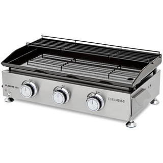 EDELHEISS Plancha 3 ES Gasgrill aus Edelstahl mit emaillierter Grillplatte, 3 runde Brenner je 2,5 kW, starke Gesamtleistung von 7,5 kW, emailliertes Warmhalterost, Grillfläche von 36 x 65 cm