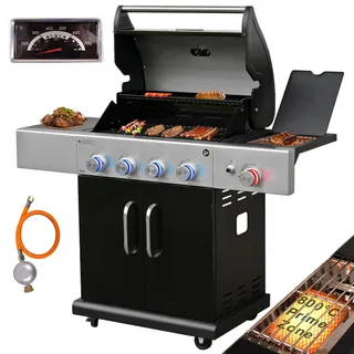 Vaiko Madison Gasgrill mit 800 °C Infrarot-Zone – Grill mit 4+1 Edelstahlbrenner, Thermometer, LED-Regler & Seitenkocher – XXL BBQ Grillwagen mit Gusseisenrost, Piezozündung, 5–11 kg Gasflasche