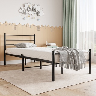 WISHDOR Metallbett Einzelbett Bett (Schwarz 90x200cm ohne Matratze), mit Lattenrost, mit Kopfteil für Gästezimmer Schlafzimmer, industrielles Design schwarz