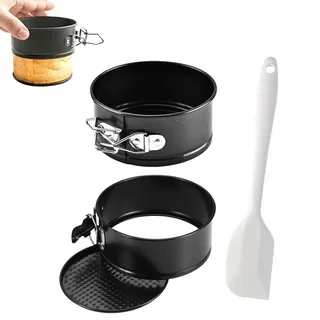 Mini Springform, 2 Stück Kuchenform Rund 11cm mit Silikon Spatel, Schwarz | Springform Klein Antihaftbeschichtung Kleine Kuchenbackformen mit Flachboden für Kuchen Backen