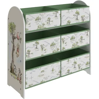 Disney Klassische Winnie Puuh Kinderzimmer Aufbewahrungseinheit mit 6 Stoffwürfelboxen - 3 Etagen Baby Spielzeug Organizer für Kinder, Offiziell lizenziertes Schlafzimmer Spielzimmer Regal für