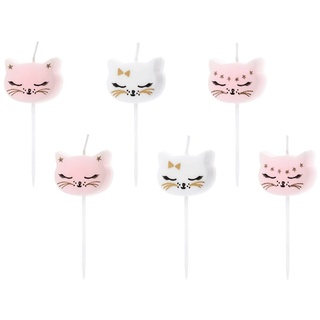 Partydeco Geburtstagskerzen Katzen 2cm x 6 Stück Kuchenkerzen zum Stecken für Kindergeburtstag weiß rosa Kitty
