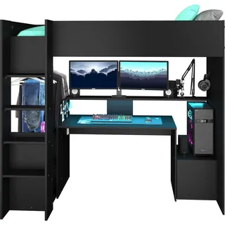 Gaming Hochbett LevelUp 90x200cm mit Spieltisch - schwarz - Schwarz