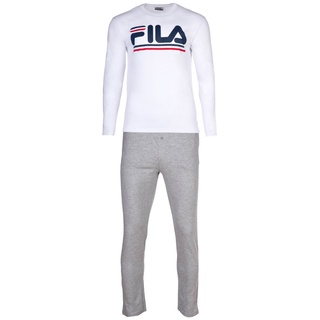 Fila Herren Pyjama Set - Schlafanzug, Rundhals-Ausschnitt, lang, Logo, Jersey Weiß/Grau 2XL