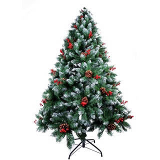 AGM 210 cm Künstliche Weihnachtsbäume mit Schneeflocken Dekor, 900 Spitzen aus Kiefern Blättern Tannenbaum Künstlich, 61 Tannenzapfen, 61 Roten Beeren, Christbäume mit Stabiler Metall Basis