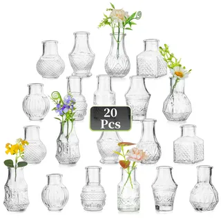 Hewory Kleine Vasen für Tischdeko Hochzeit: 20er Kleine Vasen Set Mini Vase für Jugendweihe Deko - Vintage Vase Glas Minivasen Glas für Deko Wohnzimmer Hochzeitsdeko Tisch Home Wedding
