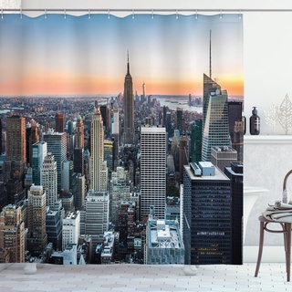 ABAKUHAUS New York Duschvorhang, NYC Manhattan Skyline Abenddämmerung, Stoffliches Gewebe Badezimmerdekorationsset mit Haken, 175 x 180 cm, Grau und Orange