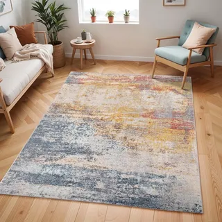 Livabliss Sarasota Wohnzimmer modern – Abstrakt Design in Marmor Optik für Wohnzimmer 200x275 cm, Esszimmer, Schlafzimmer - Marmor e groß, weicher Kurzflor in Blau, Senfgelb, Rost
