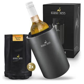 BARMINGO Weinkühler Edelstahl mit Kühlakkus – Getränkekühler & Flaschenkühler für Wein, Sekt, Champagner | Sektkühler doppelwandig mit Kühlmanschetten | Wine Cooler/Wein Kühler, Metallic Schwarz