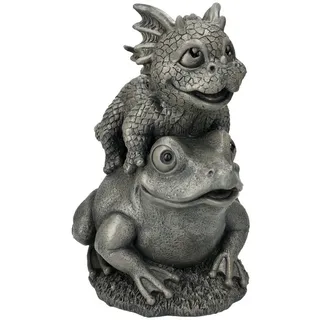 Figuren Shop GmbH Gartenfigur Garten Figur - Drachen Baby reitet auf Frosch - Garten Gartenfigur grau