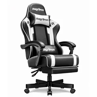 Gaming Stuhl Chair Gamer Sessel - Ergonomischer Gamer Stuhl mit Fußstütze Kopfstütze und Lordosenstütz Höhenverstellbar Gepolstert Gamingstuhl 200 Kg Schwarz