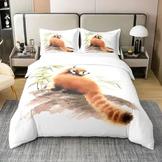 Loussiesd Roter Panda 100% Baumwolle Bettwäsche Set 135x200cm Tier Thema Betten Set Wildlife Stil Bettbezug Set für Jungen Schlafzimmer Dekor Aquarell Bettwäsche Weiß mit 1 Kissenbezug