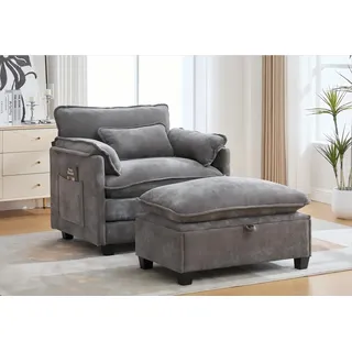 LVHOM XXL-Sessel Großer Samtsessel Set mit Stauhocker/Ottomane & Seitentaschen (Moderner Loungesessel. Übergroße Sitzfläche und -tiefe, Doppelpolster (fest/weich) + Stauraum für maximalen Komfort, Relaxsessel mit Hocker), Relax-Lösung für Wohnzimmer, Schlafzimmer oder kleine Apartments grau