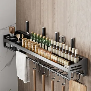Giural 80cm,Gewürzregal Wand mit Küchenrollenhalter und Abnehmbare Haken, Küchenregal Ohne Bohren aus Edelstahl, Gewürz Organizer Hängend für Zur Aufbewahrung von Gewürzen, Dosen, Gläsern
