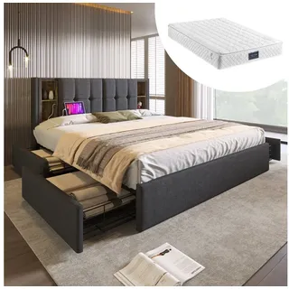 WISHDOR Polsterbett Doppelbett (4 Schubladen, mit Matratze), mit Kabellosem Laden USB, Lattenrost aus Holz, 160x200cm grau