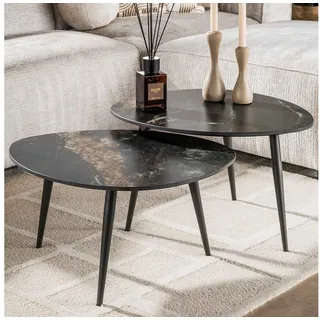 alesvelt Couchtisch Set FOSSILE NERO Organische Satztische in dunkler Marmor-Keramik (2er-Set), 70x58x40 cm, 70x58x35 cm, Keramik, Steinoptik schwarz