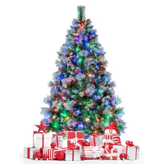 COSTWAY 180/210cm Künstlicher Weihnachtsbaum LED, beleuchteter Tannenbaum mit Kiefernzapfen & roten Beeren & Metallständer, 11 Lichtmodi, Christbaum PVC Kunstbaum Weihnachten, grün+weiß (180cm)
