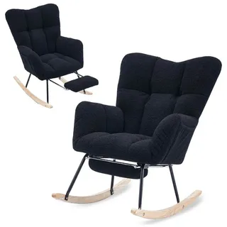 SeedWave Schaukelstuhl Teddy Schaukelsessel Wohnzimmer mit Fußstütze und Seitentasche, Relaxsessel mit Metallrahmen, Massivholzsockel mit Boden Schutzfilz schwarz