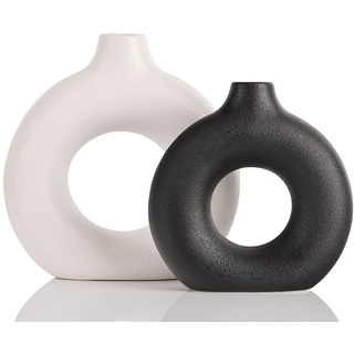 Donut-Vasen aus Porzellan, 2er-Set – dekorative, runde, wasserfeste Schwarz-Weiß-Vasen für die Tafelaufsätze zu Hause - für Wohnzimmer, Bauernhaus, Küche, Schlafzimmer, Esstisch und Bürodekoration