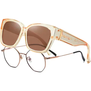 KANASTAL Übergröße Überzieh Sonnenbrille Herren und Damen Polarisiert Überbrille Sonnenbrille für Brillenträger UV400 Sonnenschutz, Champagner Transparent Rahmen Braun Gläser - L