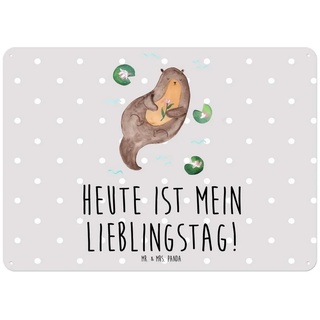 Mr. & Mrs. Panda Metallschild DIN A5 Otter mit Seerose - Grau Pastell - Geschenk, Deko Schild, Schi, (1 St) grau DIN A5