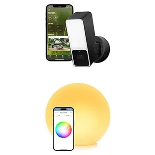 Eve Smartes Gartenambiente Outdoor Cam – Smarte Überwachungskamera mit Flutlicht, Nachtsicht, Flare – Tragbare smarte LED-Kugelleuchte, wasserbeständig, weißes & farbiges Licht
