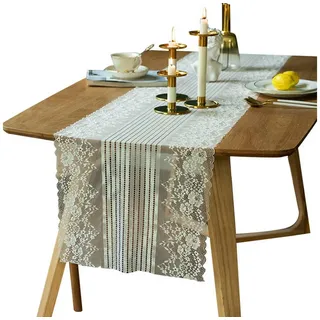 LAPAPRO Tischläufer Retro-Pastoral Tischläufer mit Spitze Bestickt Blumenmuster, 1 Stück, 40 x 90cm/ 110 cm/150cm/180 cm/200 cm/220 cm /300 cm 90 cm